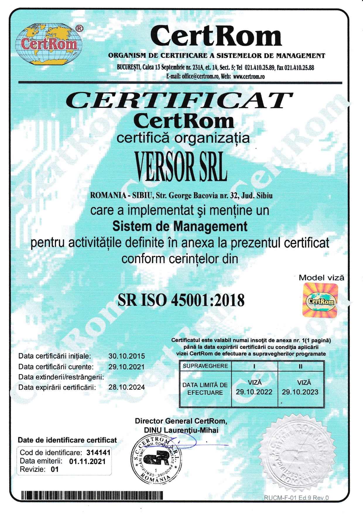 Certificare ISO 45001 Versor SRL
